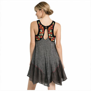 Free People Mixed Media Mini Dress XS Gray Boho Embroidered Handkerchief Hem